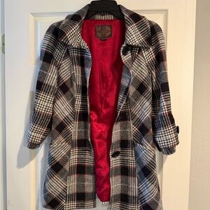 Guess Black and White Plaid Coat jacket with Red Lining